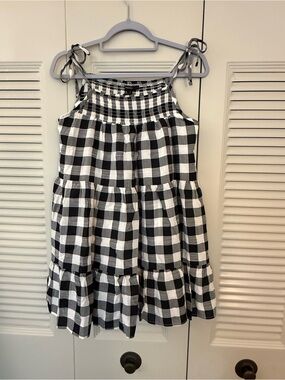 Girls Black & White Gingham Tie-Shoulder Dress